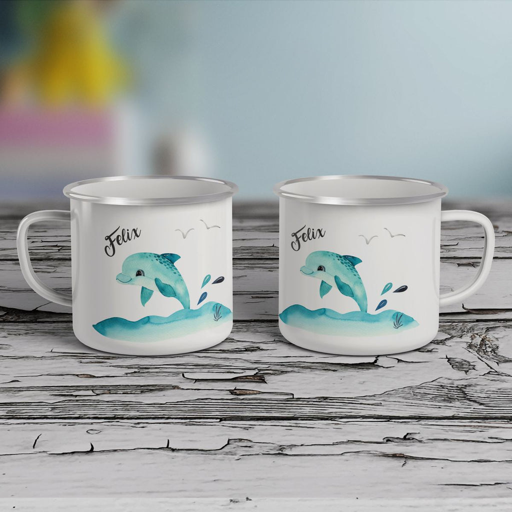 Emaille Tasse Niedlicher Delphin personalisiert mit Wunschname - von Mikalino