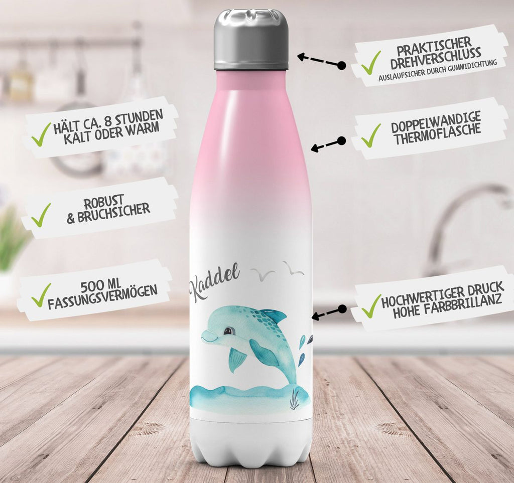 Thermo Trinkflasche Niedlicher Delphin personalisiert mit Wunschname - von Mikalino