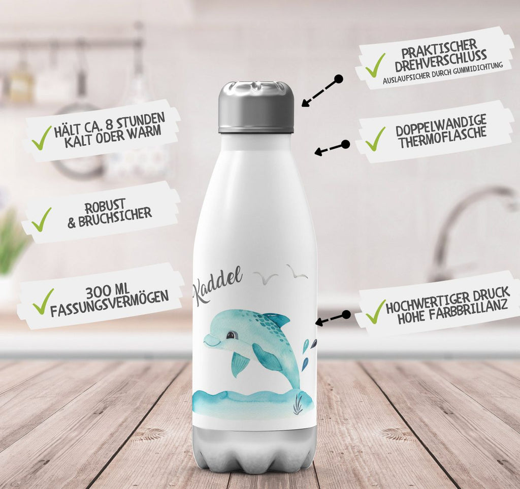 Thermo Trinkflasche Niedlicher Delphin personalisiert mit Wunschname - von Mikalino