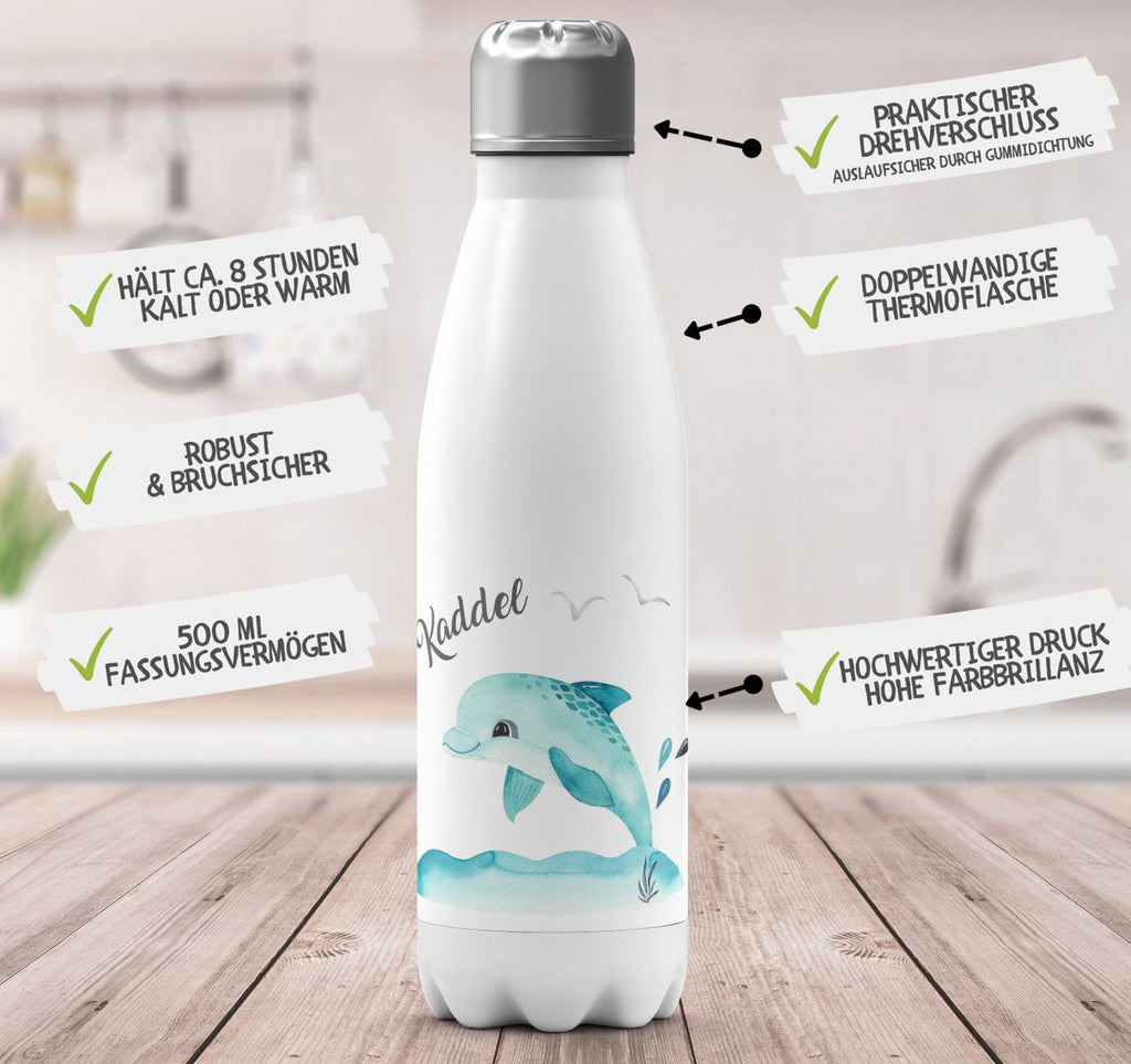 Thermo Trinkflasche Niedlicher Delphin personalisiert mit Wunschname - von Mikalino