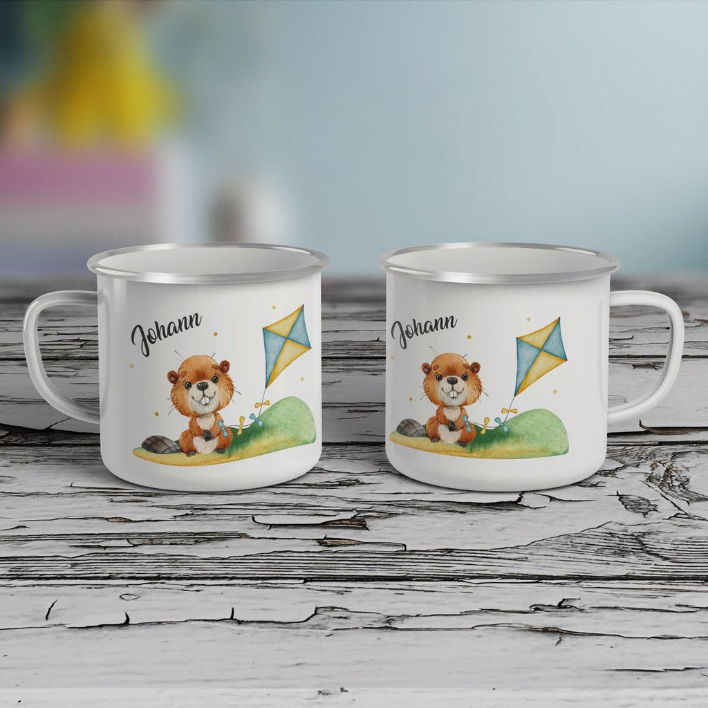 Emaille Tasse Süßer Biber mit Drachen personalisiert mit Wunschname - von Mikalino