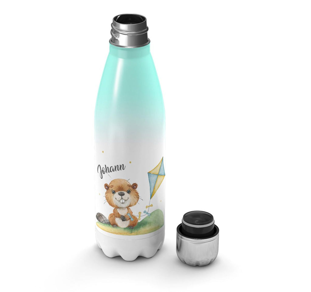 Thermo Trinkflasche Süßer Biber mit Drachen personalisiert mit Wunschname - von Mikalino