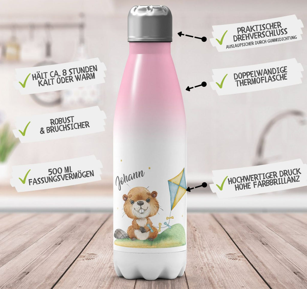 Thermo Trinkflasche Süßer Biber mit Drachen personalisiert mit Wunschname - von Mikalino