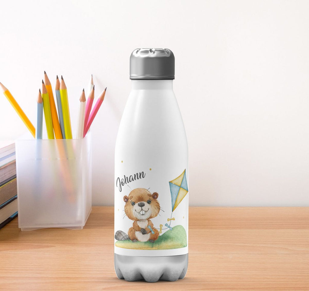 Thermo Trinkflasche Süßer Biber mit Drachen personalisiert mit Wunschname - von Mikalino