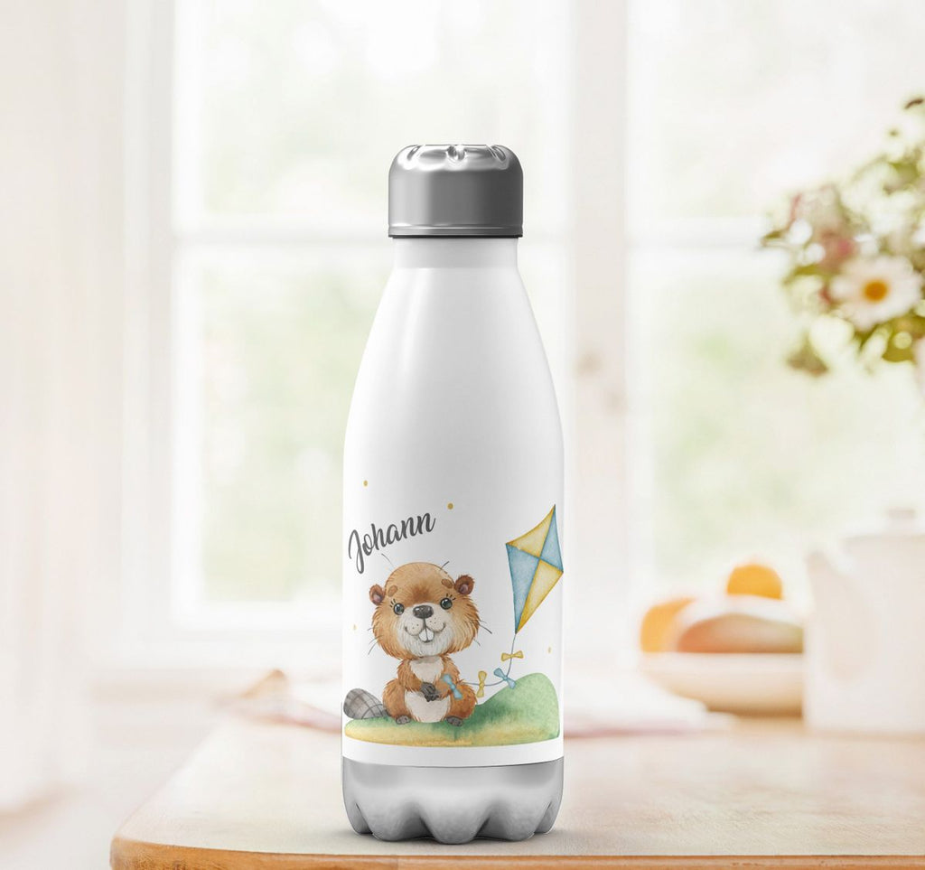 Thermo Trinkflasche Süßer Biber mit Drachen personalisiert mit Wunschname - von Mikalino