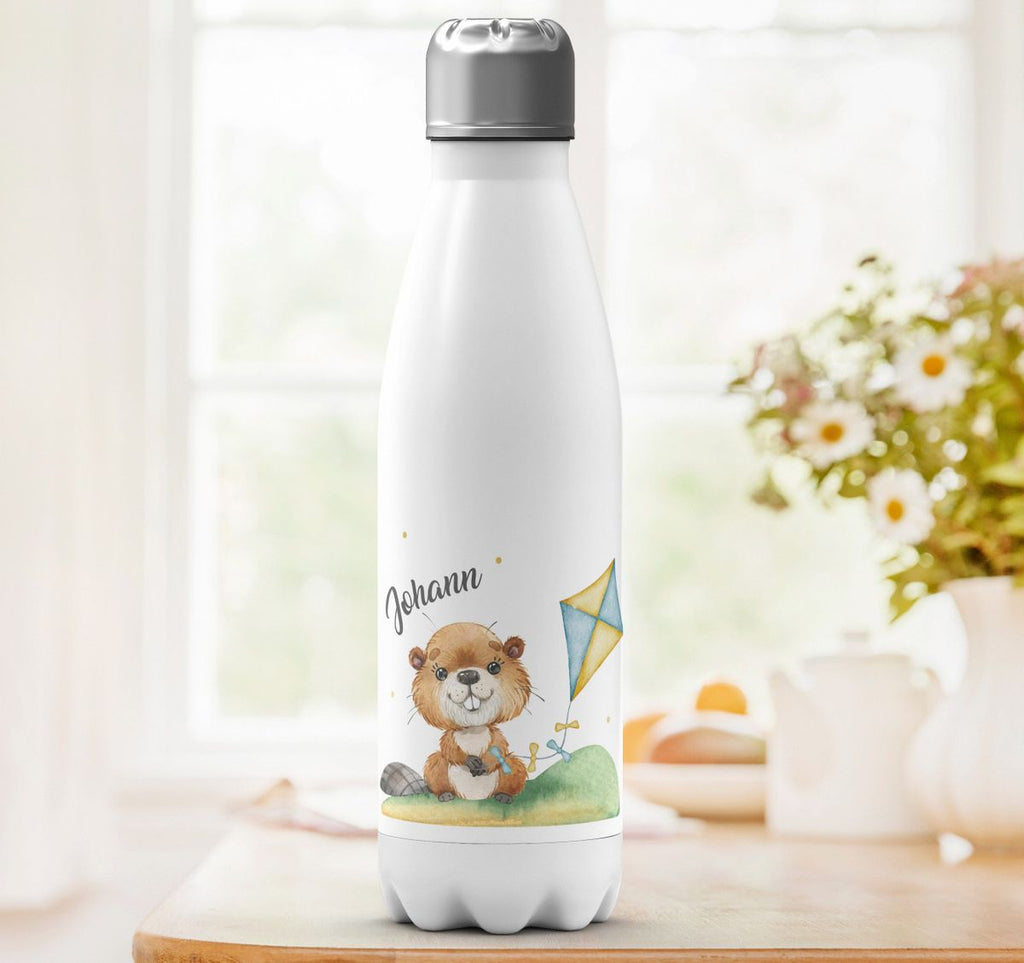 Thermo Trinkflasche Süßer Biber mit Drachen personalisiert mit Wunschname - von Mikalino