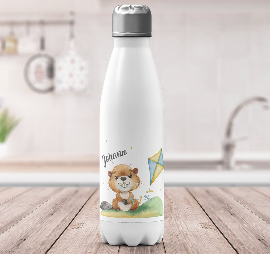 Thermo Trinkflasche Süßer Biber mit Drachen personalisiert mit Wunschname - von Mikalino