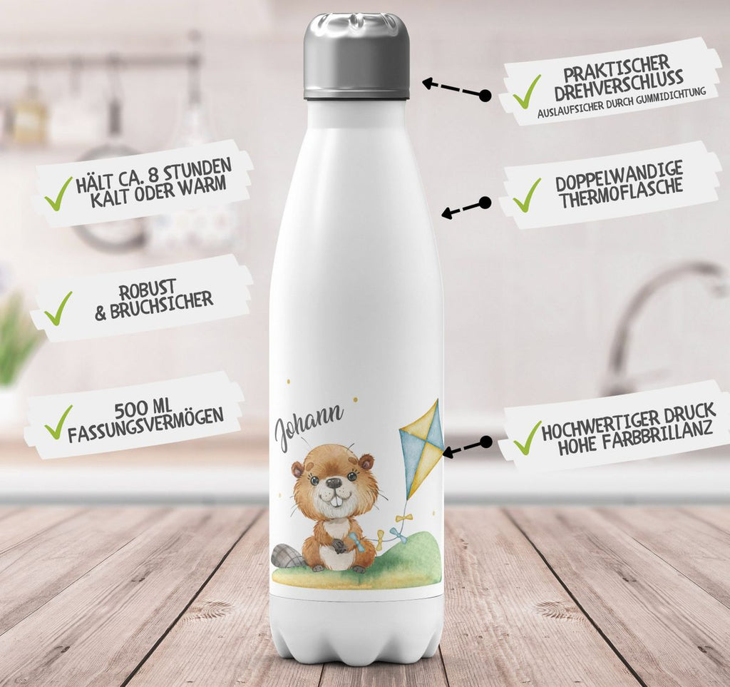 Thermo Trinkflasche Süßer Biber mit Drachen personalisiert mit Wunschname - von Mikalino