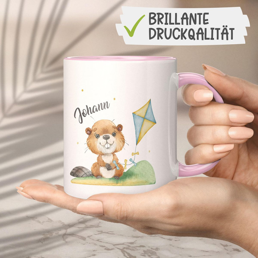 Keramik Tasse Süßer Biber mit Drachen personalisiert mit Wunschname - von Mikalino