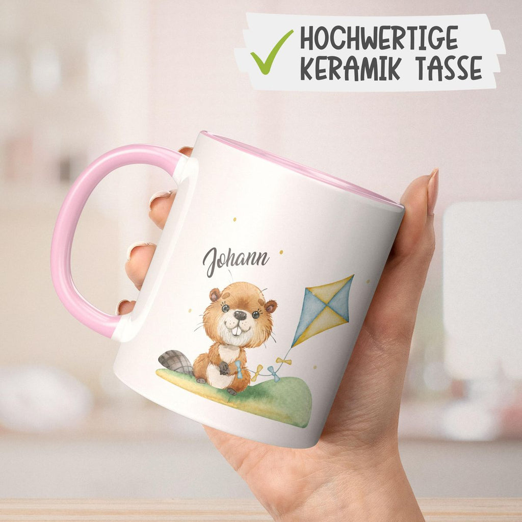 Keramik Tasse Süßer Biber mit Drachen personalisiert mit Wunschname - von Mikalino