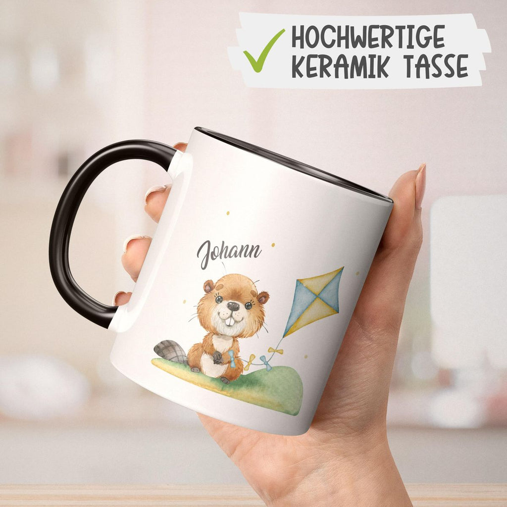 Keramik Tasse Süßer Biber mit Drachen personalisiert mit Wunschname - von Mikalino