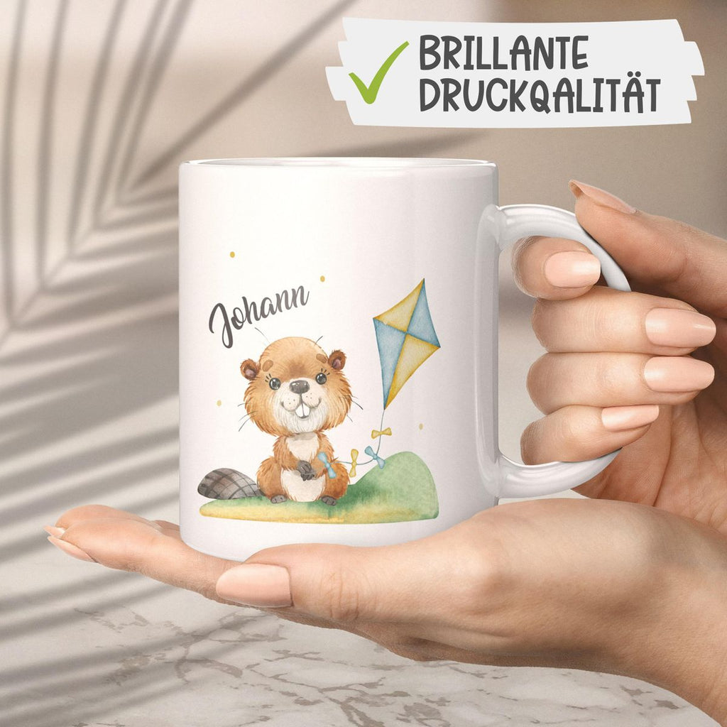 Keramik Tasse Süßer Biber mit Drachen personalisiert mit Wunschname - von Mikalino