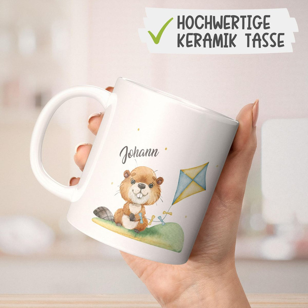 Keramik Tasse Süßer Biber mit Drachen personalisiert mit Wunschname - von Mikalino