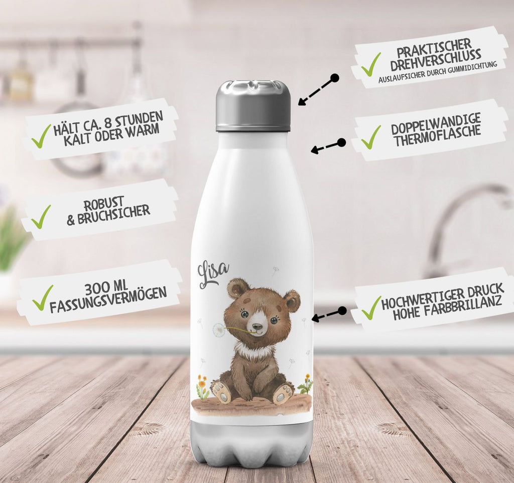 Thermo Trinkflasche Süßer brauner Bär personalisiert mit Wunschname - von Mikalino