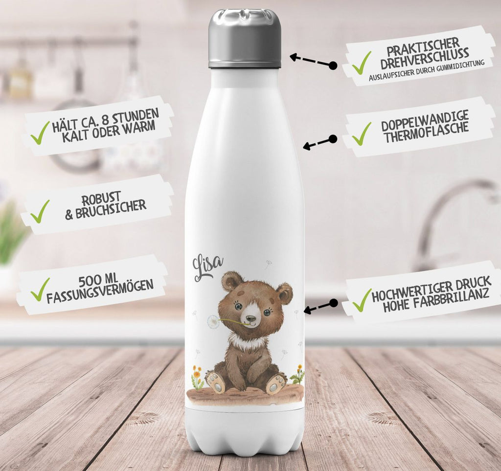 Thermo Trinkflasche Süßer brauner Bär personalisiert mit Wunschname - von Mikalino