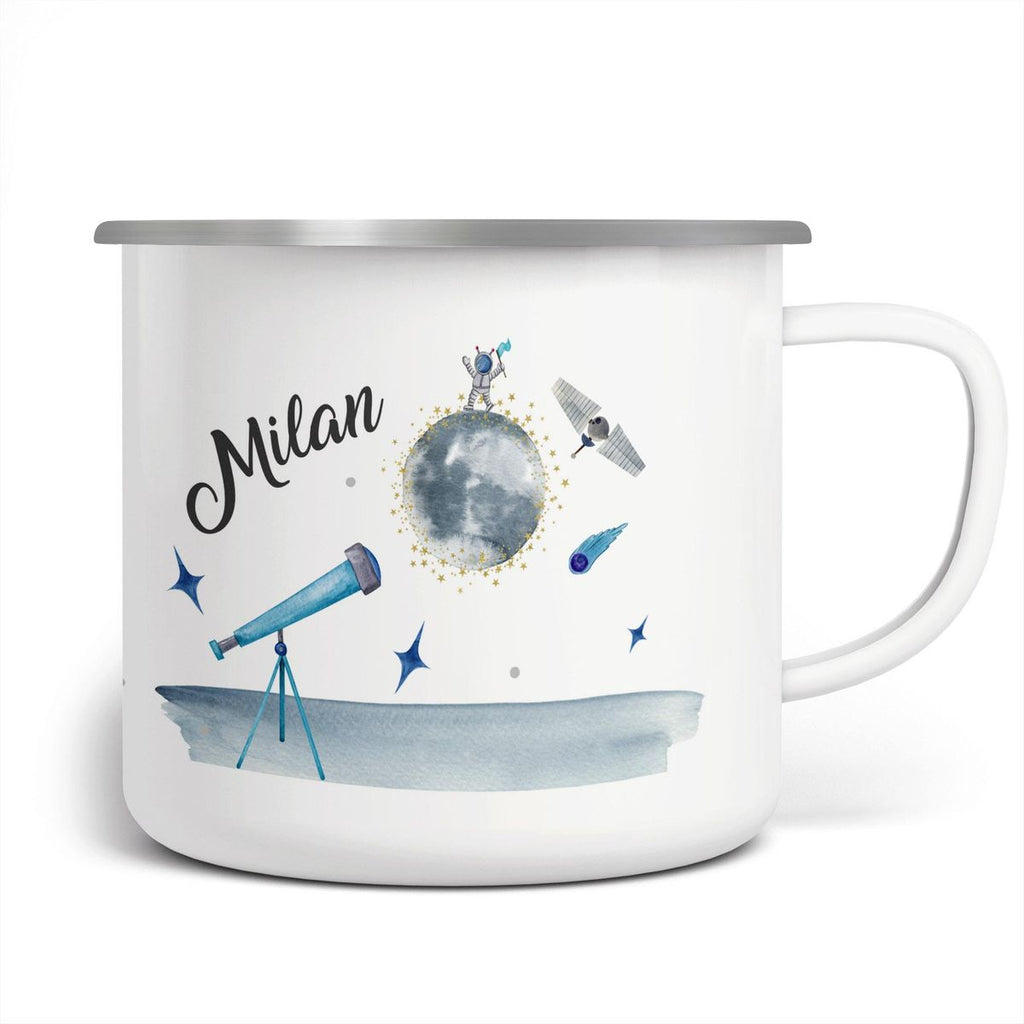 Emaille Tasse Spannender Weltraum personalisiert mit Wunschname - von Mikalino