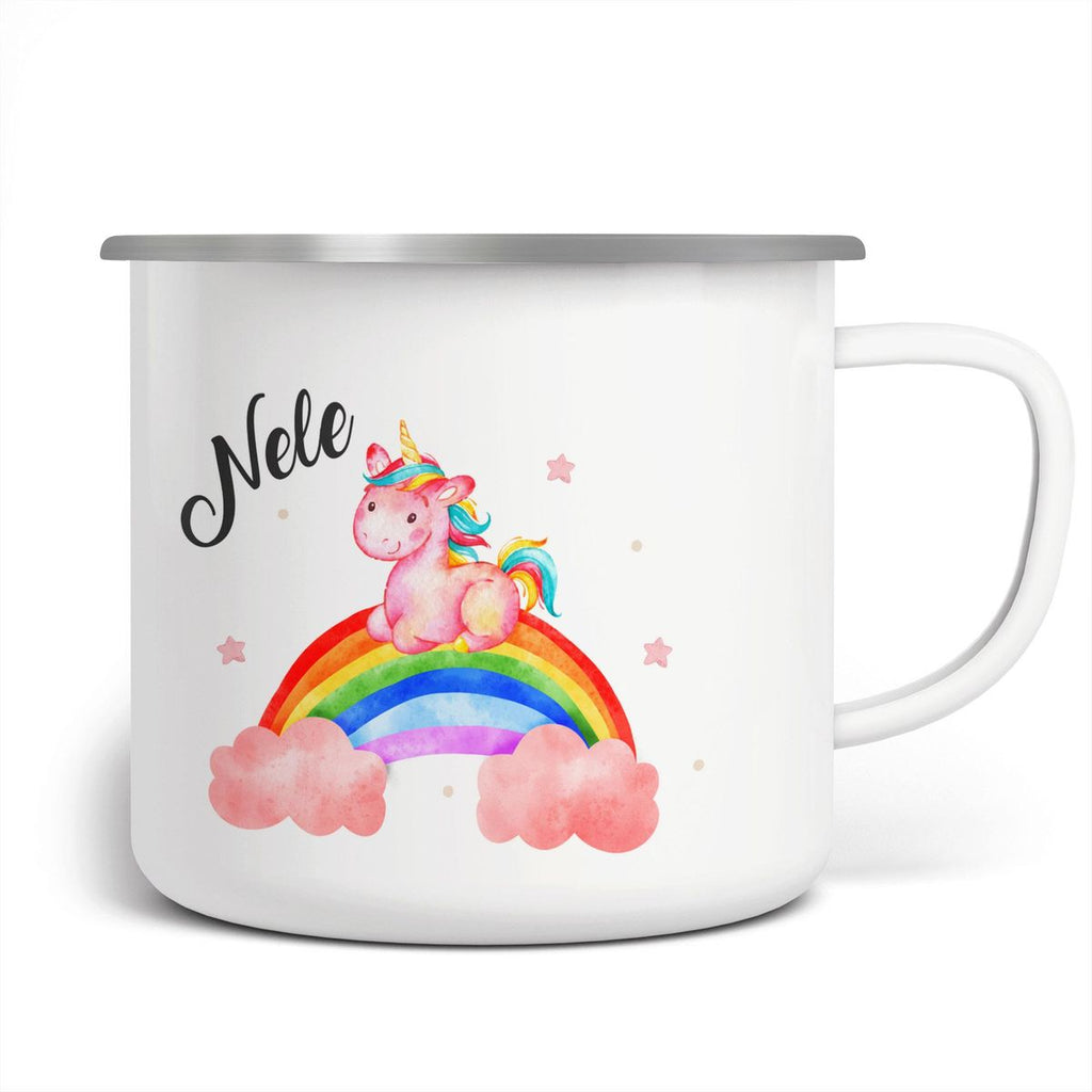 Emaille Tasse Niedliches Einhorn auf einem Regenbogen personalisiert mit Wunschname - von Mikalino