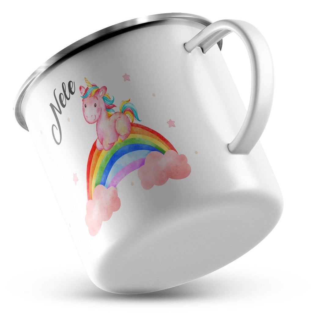 Emaille Tasse Niedliches Einhorn auf einem Regenbogen personalisiert mit Wunschname - von Mikalino