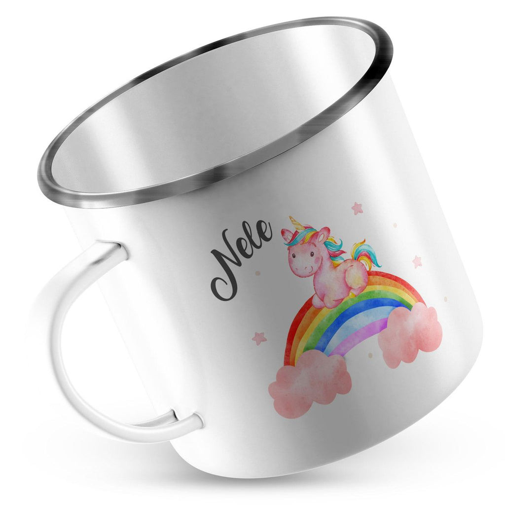 Emaille Tasse Niedliches Einhorn auf einem Regenbogen personalisiert mit Wunschname - von Mikalino