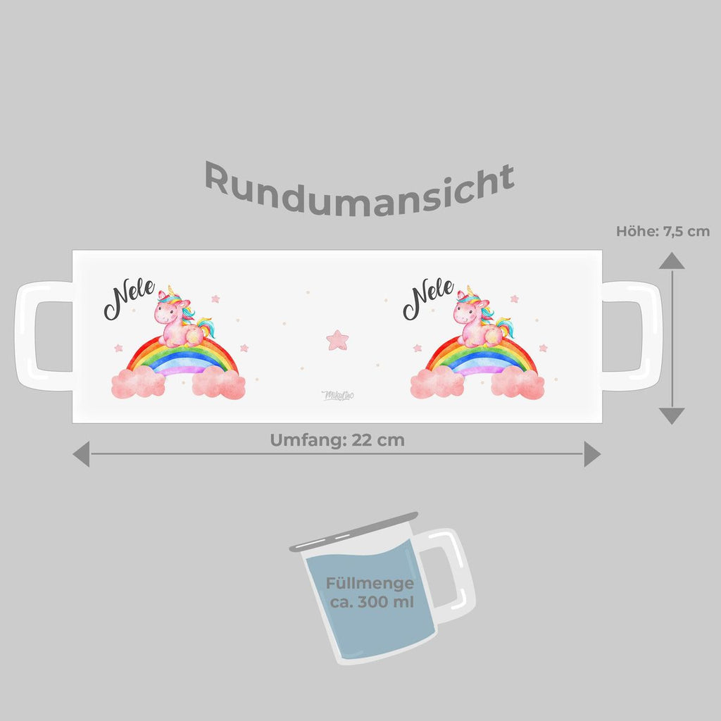 Emaille Tasse Niedliches Einhorn auf einem Regenbogen personalisiert mit Wunschname - von Mikalino