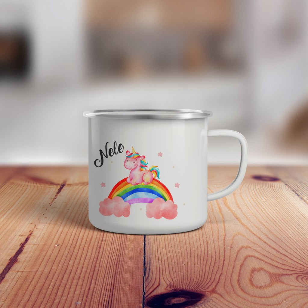 Emaille Tasse Niedliches Einhorn auf einem Regenbogen personalisiert mit Wunschname - von Mikalino