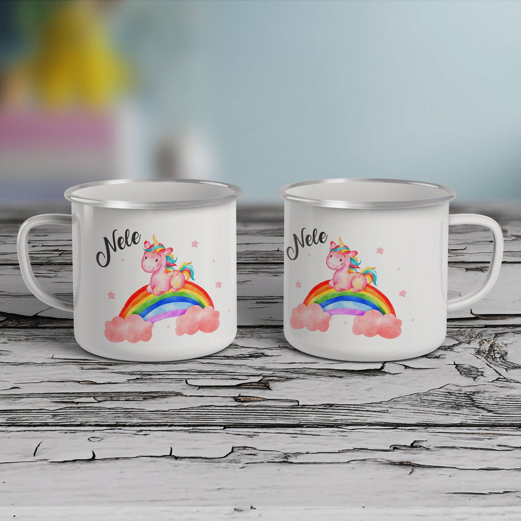 Emaille Tasse Niedliches Einhorn auf einem Regenbogen personalisiert mit Wunschname - von Mikalino