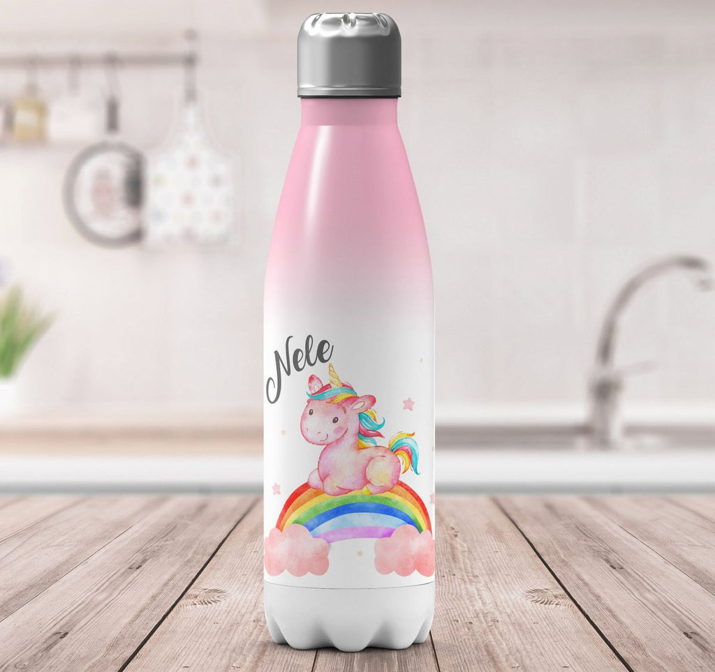 Thermo Trinkflasche Niedliches Einhorn auf einem Regenbogen personalisiert mit Wunschname - von Mikalino