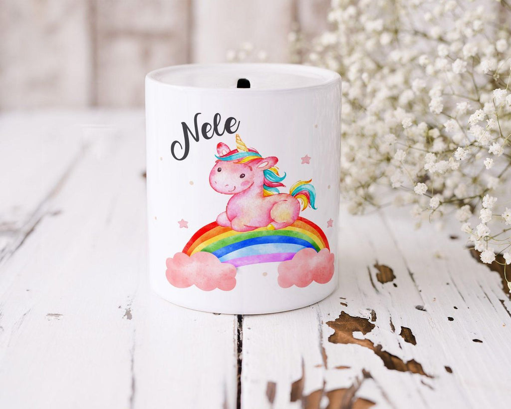 Kinder Spardose Niedliches Einhorn auf einem Regenbogen personalisiert mit Wunschname - von Mikalino