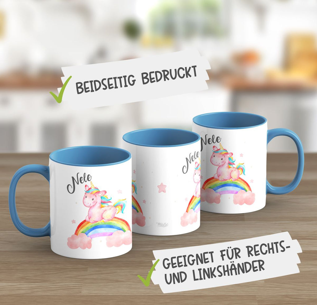 Keramik Tasse Niedliches Einhorn auf einem Regenbogen personalisiert mit Wunschname - von Mikalino