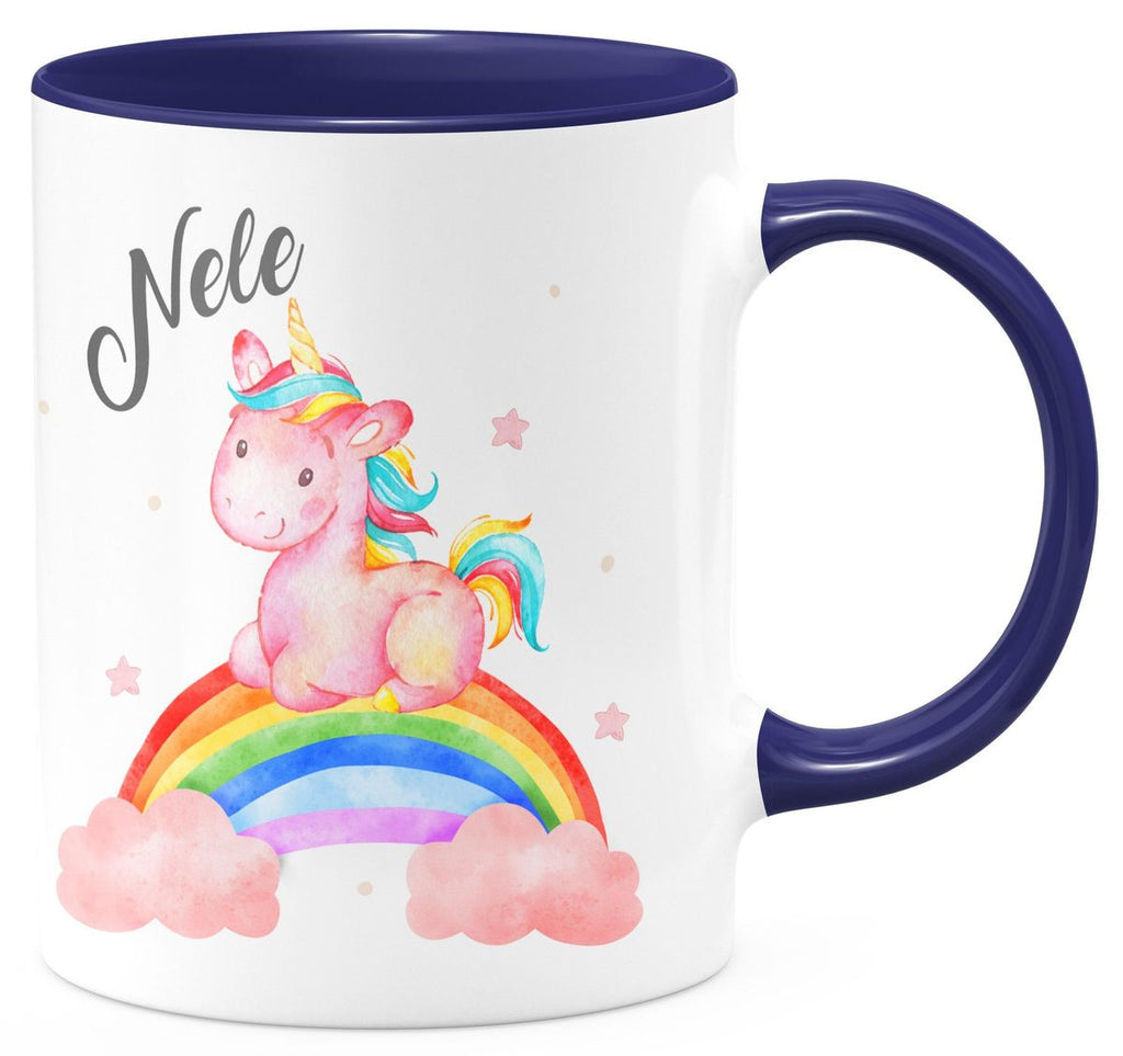 Keramik Tasse Niedliches Einhorn auf einem Regenbogen personalisiert mit Wunschname - von Mikalino