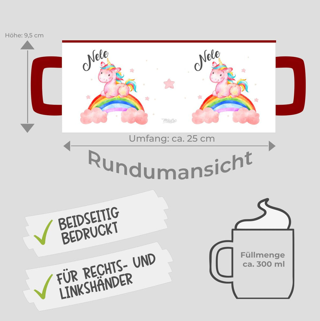 Keramik Tasse Niedliches Einhorn auf einem Regenbogen personalisiert mit Wunschname - von Mikalino