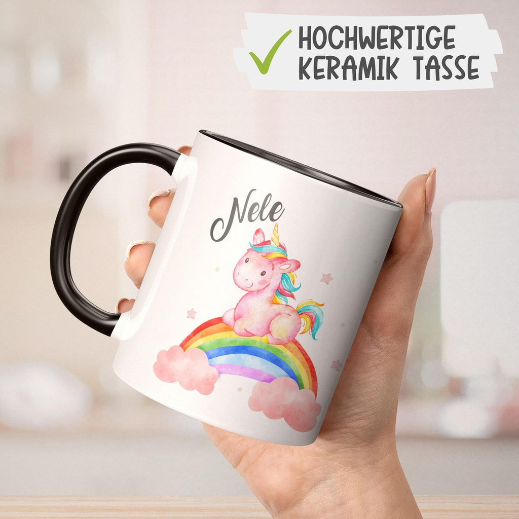 Keramik Tasse Niedliches Einhorn auf einem Regenbogen personalisiert mit Wunschname - von Mikalino