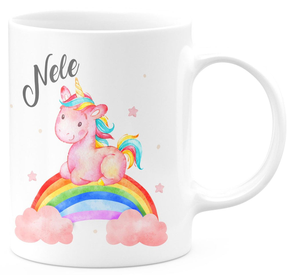 Keramik Tasse Niedliches Einhorn auf einem Regenbogen personalisiert mit Wunschname - von Mikalino