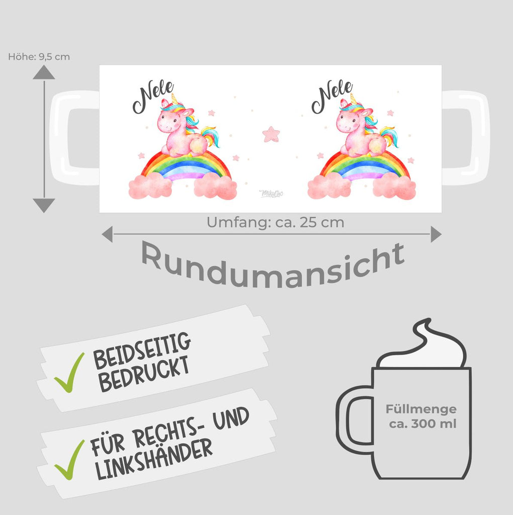 Keramik Tasse Niedliches Einhorn auf einem Regenbogen personalisiert mit Wunschname - von Mikalino