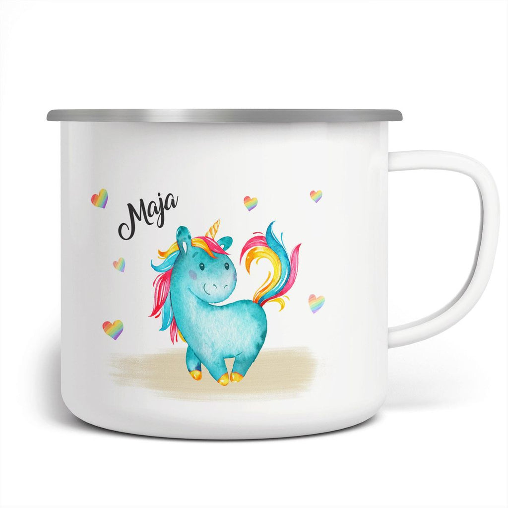 Emaille Tasse Niedliches Einhorn mit Regenbogenherzen personalisiert mit Wunschname - von Mikalino