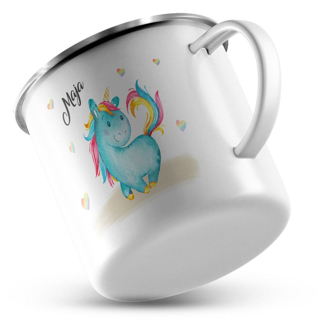 Emaille Tasse Niedliches Einhorn mit Regenbogenherzen personalisiert mit Wunschname - von Mikalino