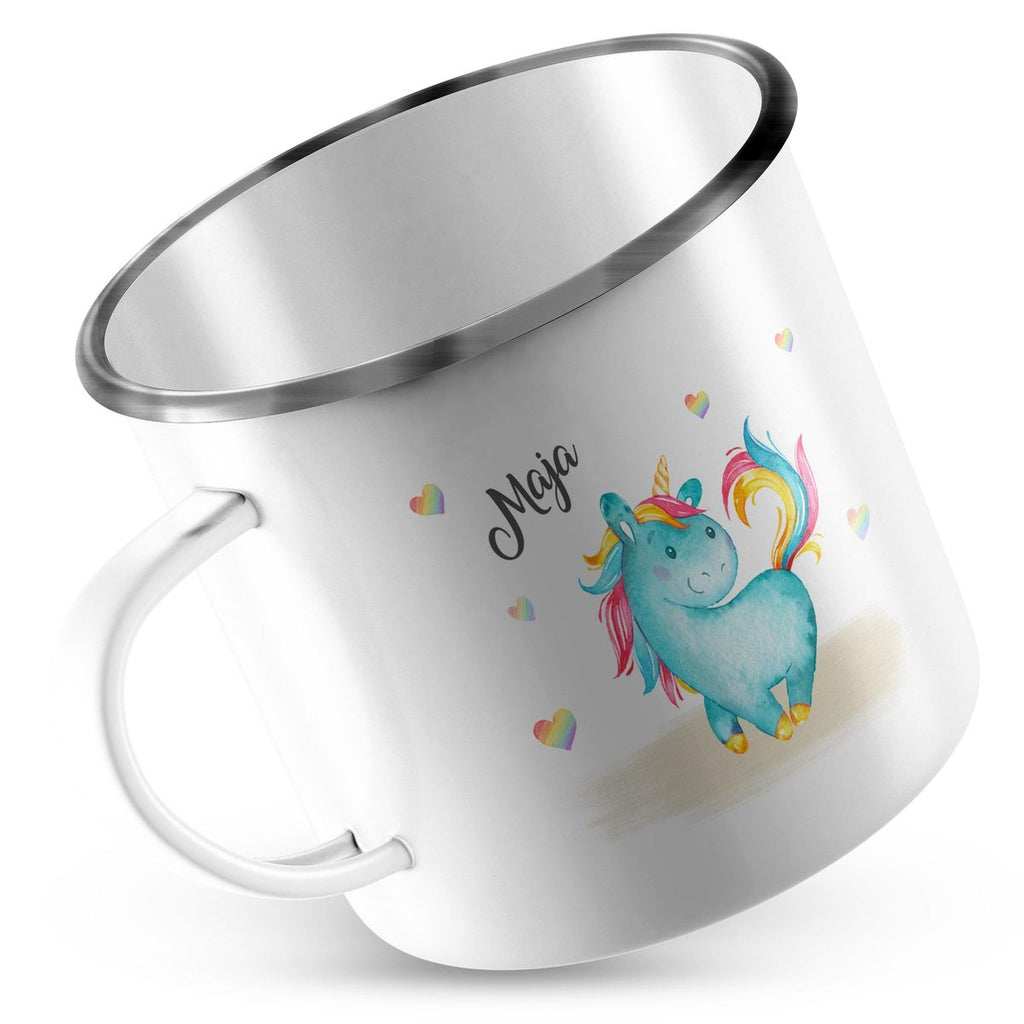 Emaille Tasse Niedliches Einhorn mit Regenbogenherzen personalisiert mit Wunschname - von Mikalino