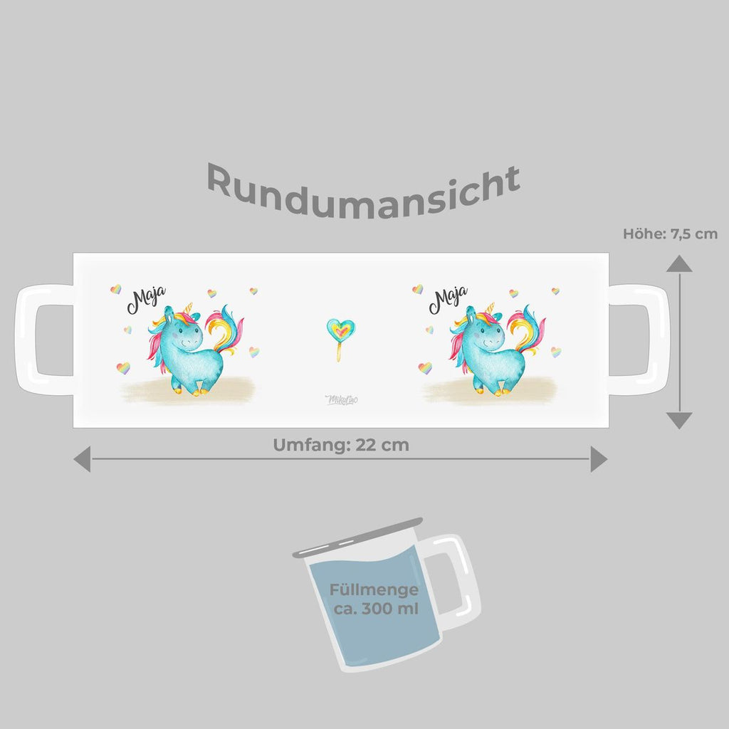 Emaille Tasse Niedliches Einhorn mit Regenbogenherzen personalisiert mit Wunschname - von Mikalino