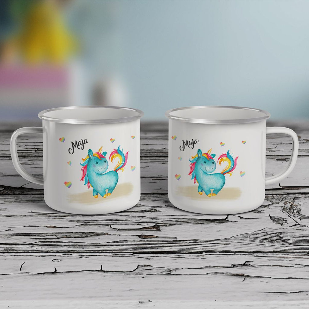 Emaille Tasse Niedliches Einhorn mit Regenbogenherzen personalisiert mit Wunschname - von Mikalino