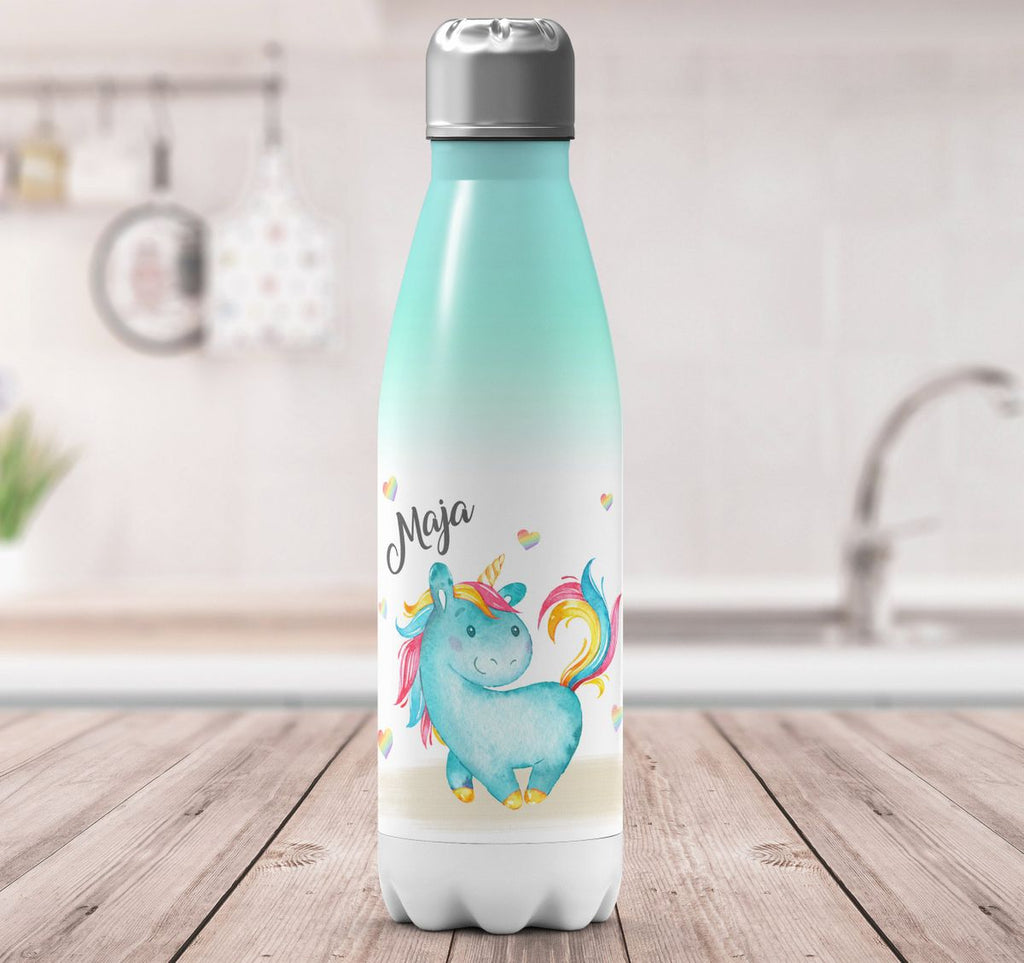 Thermo Trinkflasche Niedliches Einhorn mit Regenbogenherzen personalisiert mit Wunschname - von Mikalino