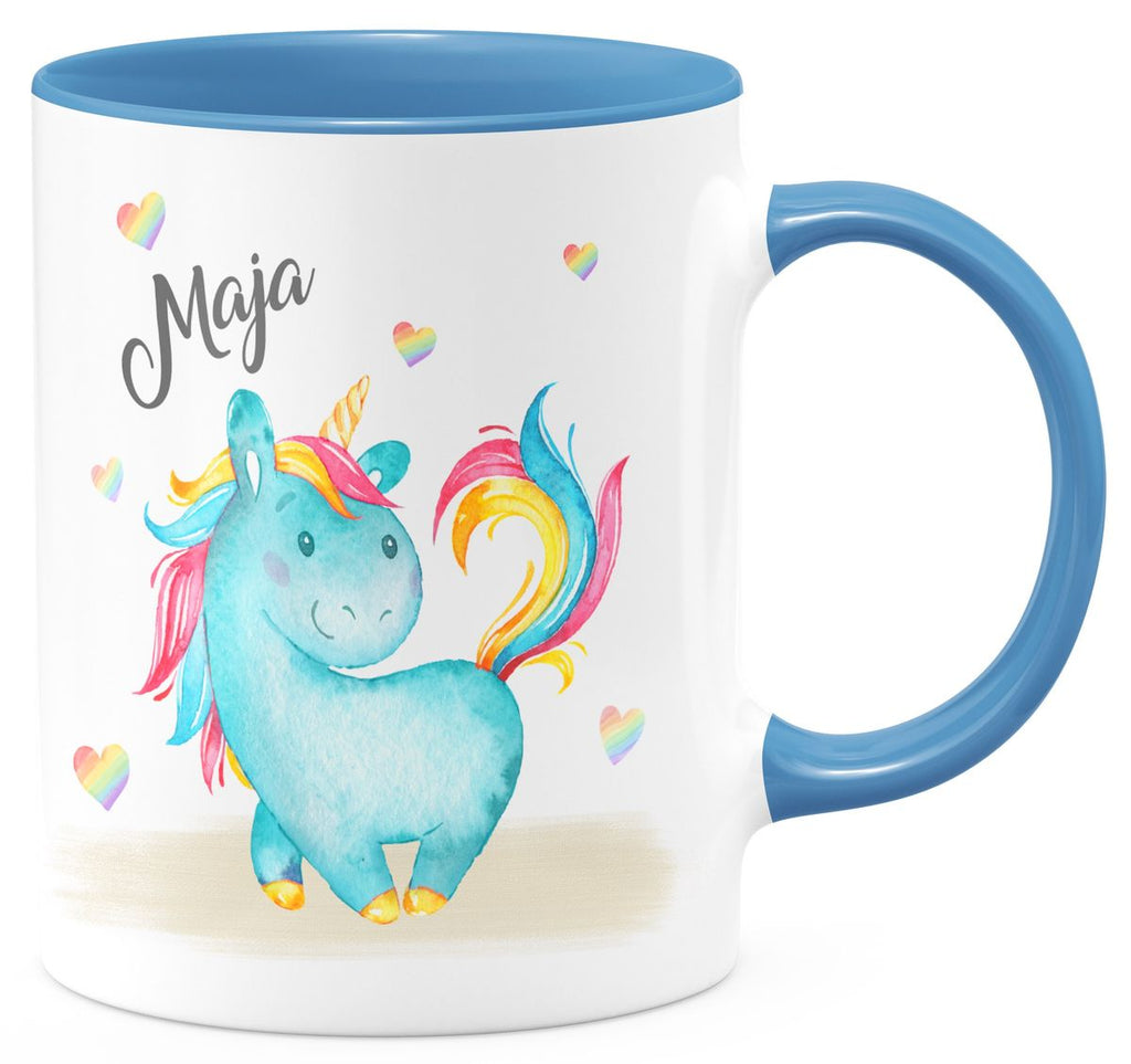 Keramik Tasse Niedliches Einhorn mit Regenbogenherzen personalisiert mit Wunschname - von Mikalino