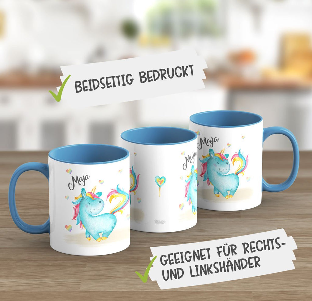 Keramik Tasse Niedliches Einhorn mit Regenbogenherzen personalisiert mit Wunschname - von Mikalino