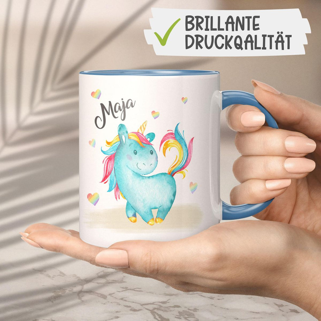 Keramik Tasse Niedliches Einhorn mit Regenbogenherzen personalisiert mit Wunschname - von Mikalino