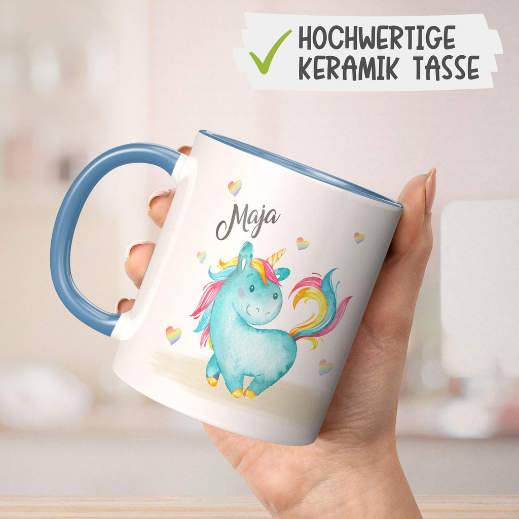 Keramik Tasse Niedliches Einhorn mit Regenbogenherzen personalisiert mit Wunschname - von Mikalino