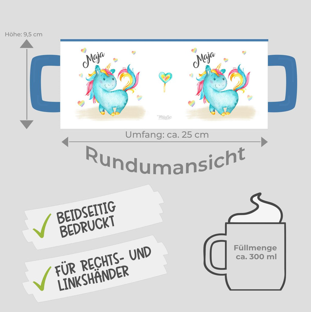 Keramik Tasse Niedliches Einhorn mit Regenbogenherzen personalisiert mit Wunschname - von Mikalino