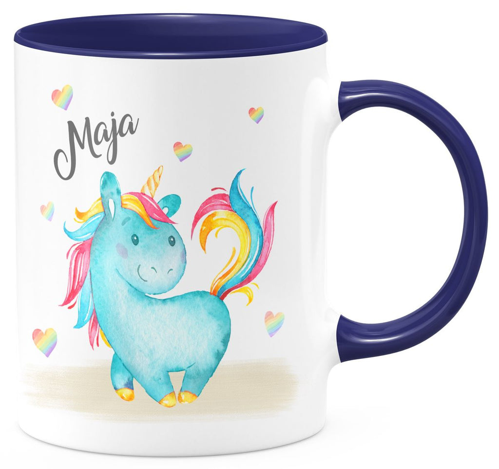 Keramik Tasse Niedliches Einhorn mit Regenbogenherzen personalisiert mit Wunschname - von Mikalino