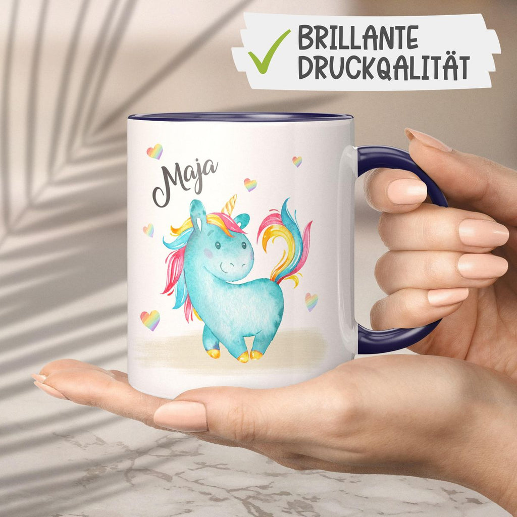 Keramik Tasse Niedliches Einhorn mit Regenbogenherzen personalisiert mit Wunschname - von Mikalino