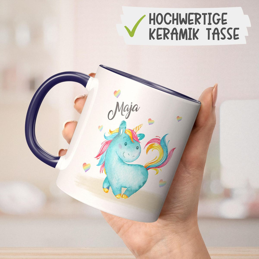 Keramik Tasse Niedliches Einhorn mit Regenbogenherzen personalisiert mit Wunschname - von Mikalino