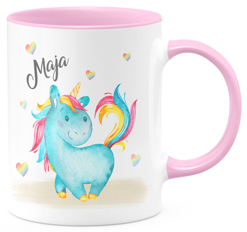 Keramik Tasse Niedliches Einhorn mit Regenbogenherzen personalisiert mit Wunschname - von Mikalino