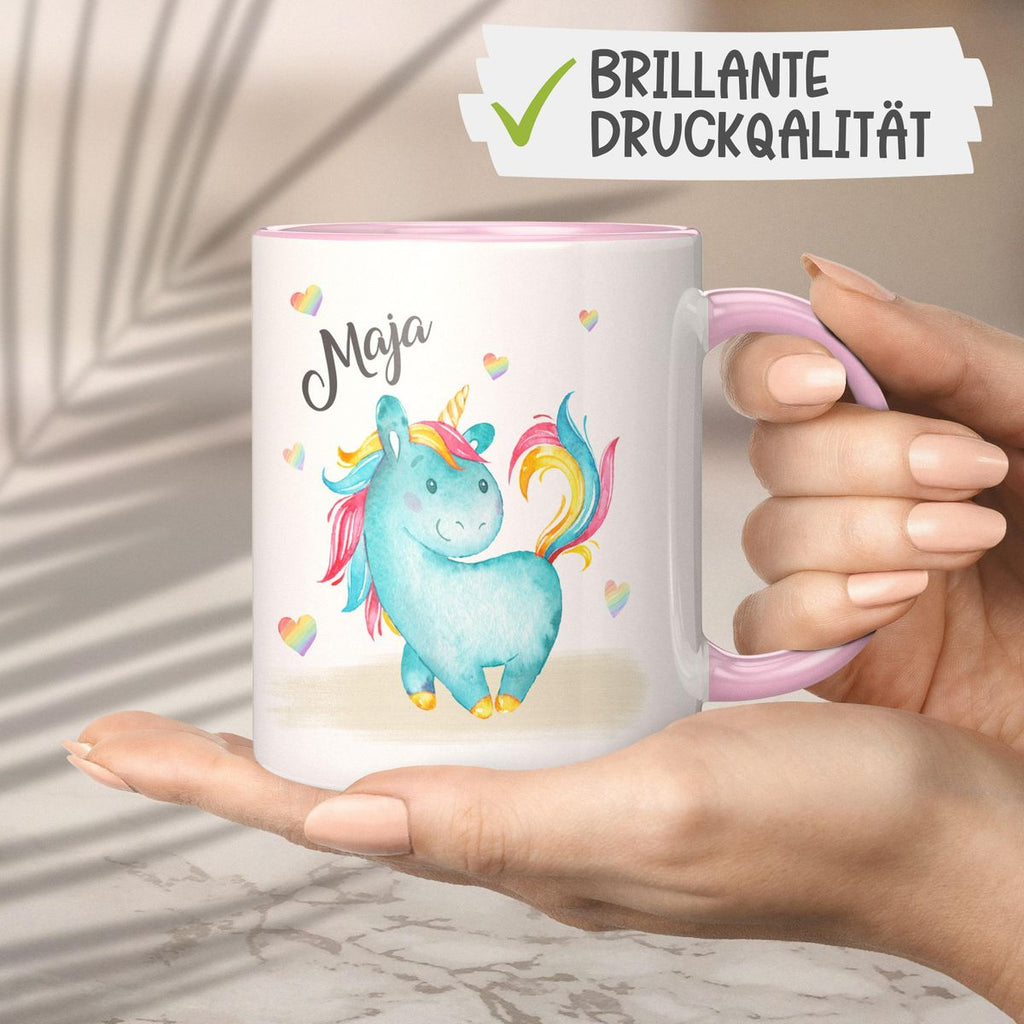 Keramik Tasse Niedliches Einhorn mit Regenbogenherzen personalisiert mit Wunschname - von Mikalino